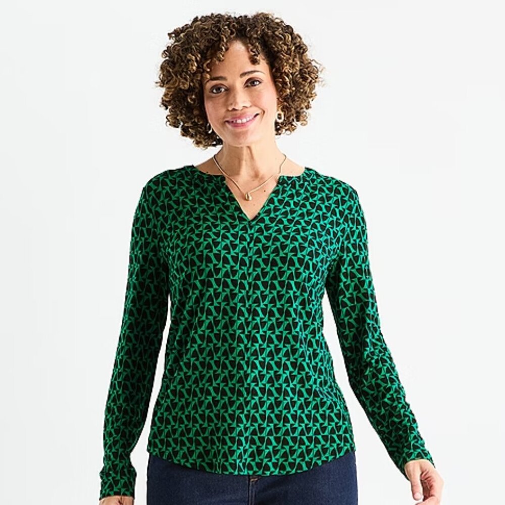 NWT Liz Claiborne Women's Split Crew Neck Long Sleeve Blouse, Green Print
